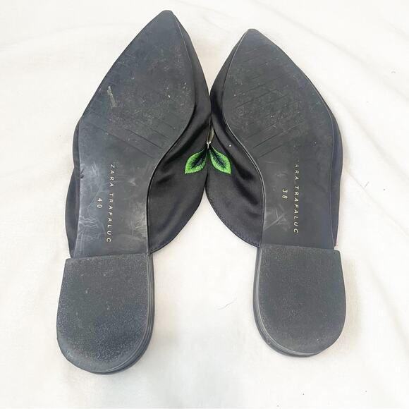 Zara Trafulac black embroidered floral slide mules size 38 pointy flat - Picture 5 of 7